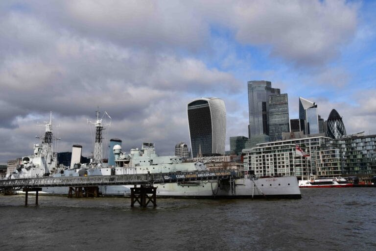 Never published photography shows the view on The City Of London and HMS Belfast and The Gherkin building and Walkie Talkie