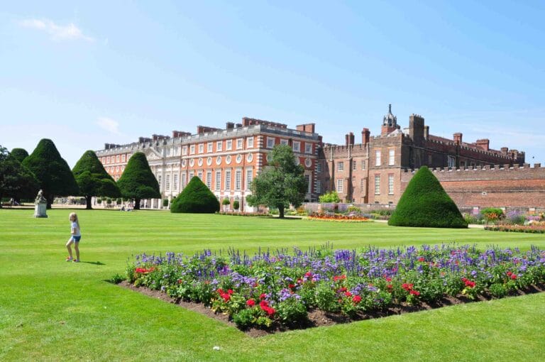View on Hampton Court Palace and the gardens located in Richmond Upon Thames, London